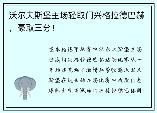 沃尔夫斯堡主场轻取门兴格拉德巴赫，豪取三分！