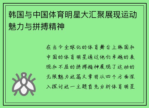 韩国与中国体育明星大汇聚展现运动魅力与拼搏精神